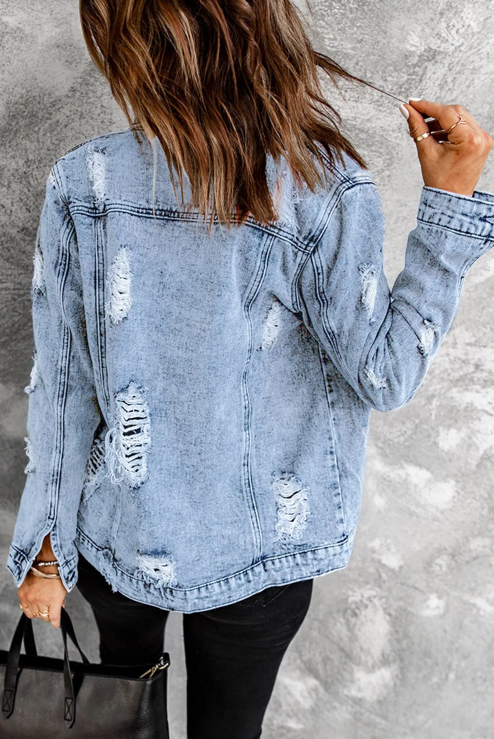 Distressed Buttons Washed Denim Jacket