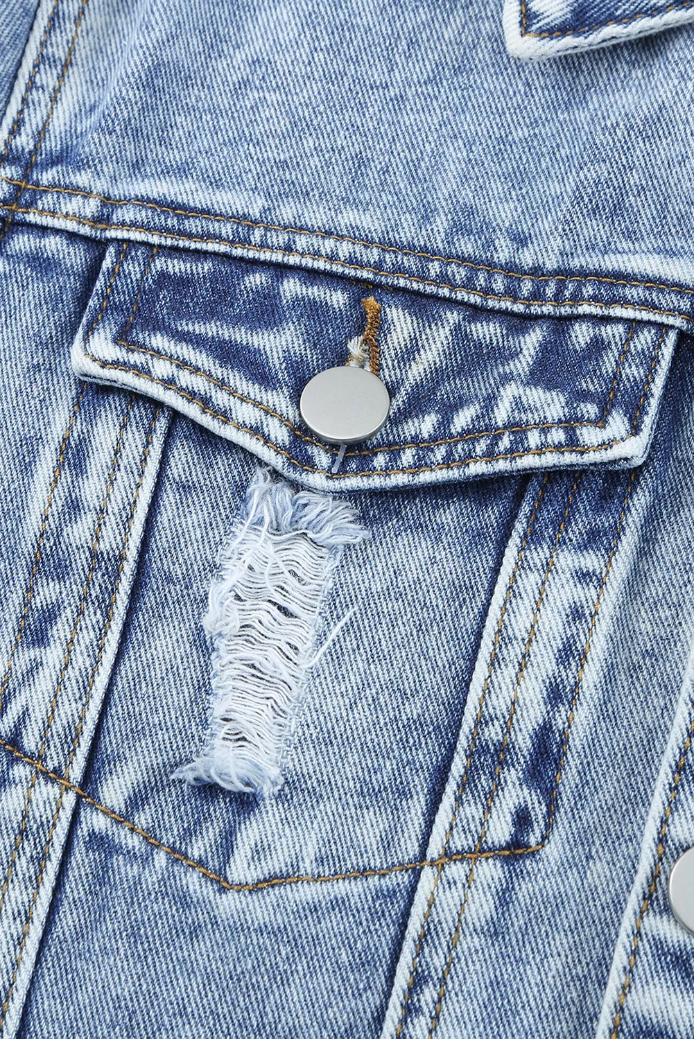 Distressed Buttons Washed Denim Jacket