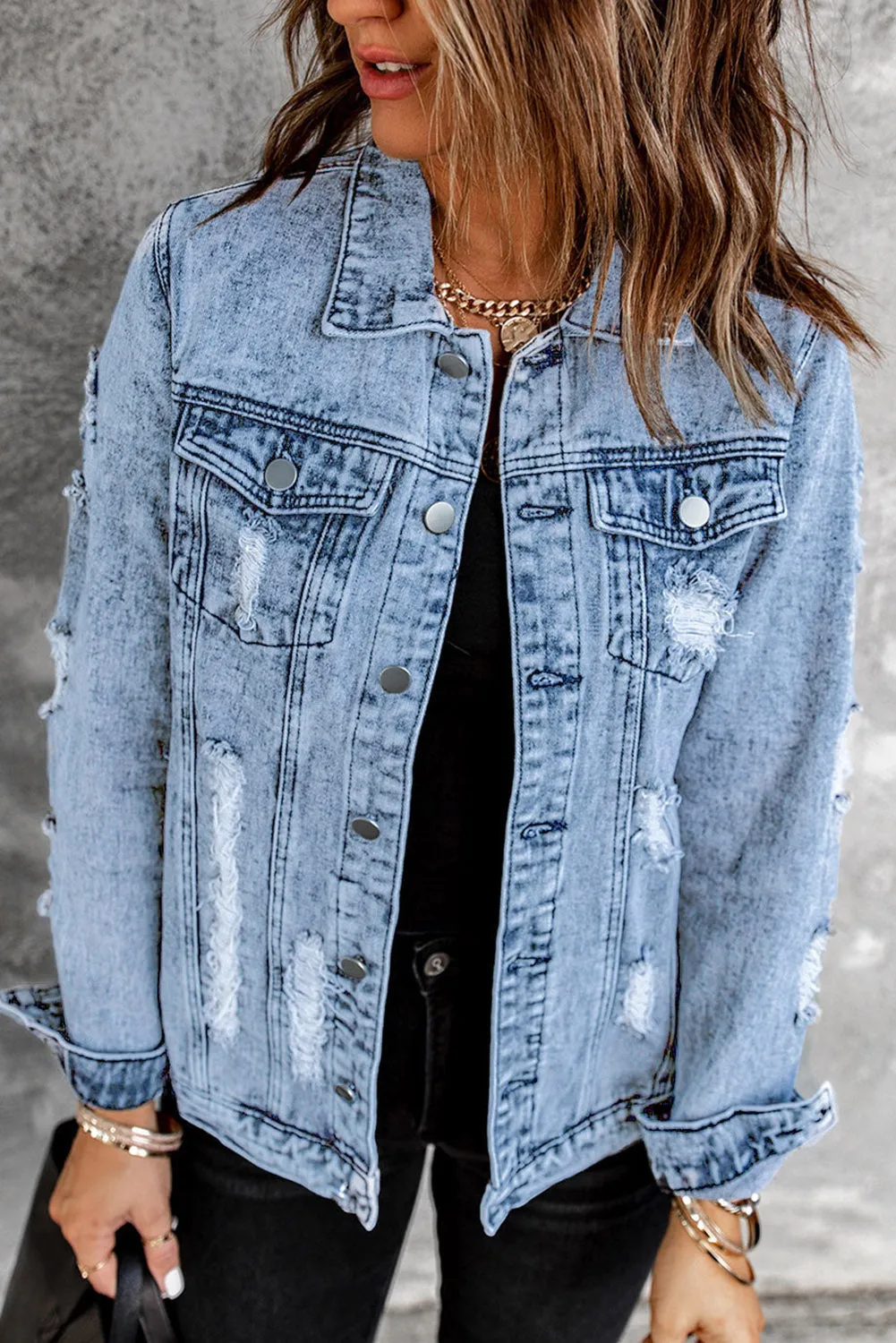 Distressed Buttons Washed Denim Jacket