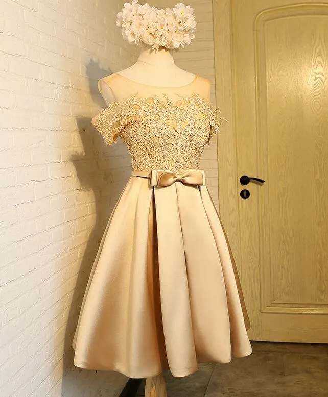 Golden Satin Lace Off Shoulder Short Homecoming Dresses Knee Length Party Dresses