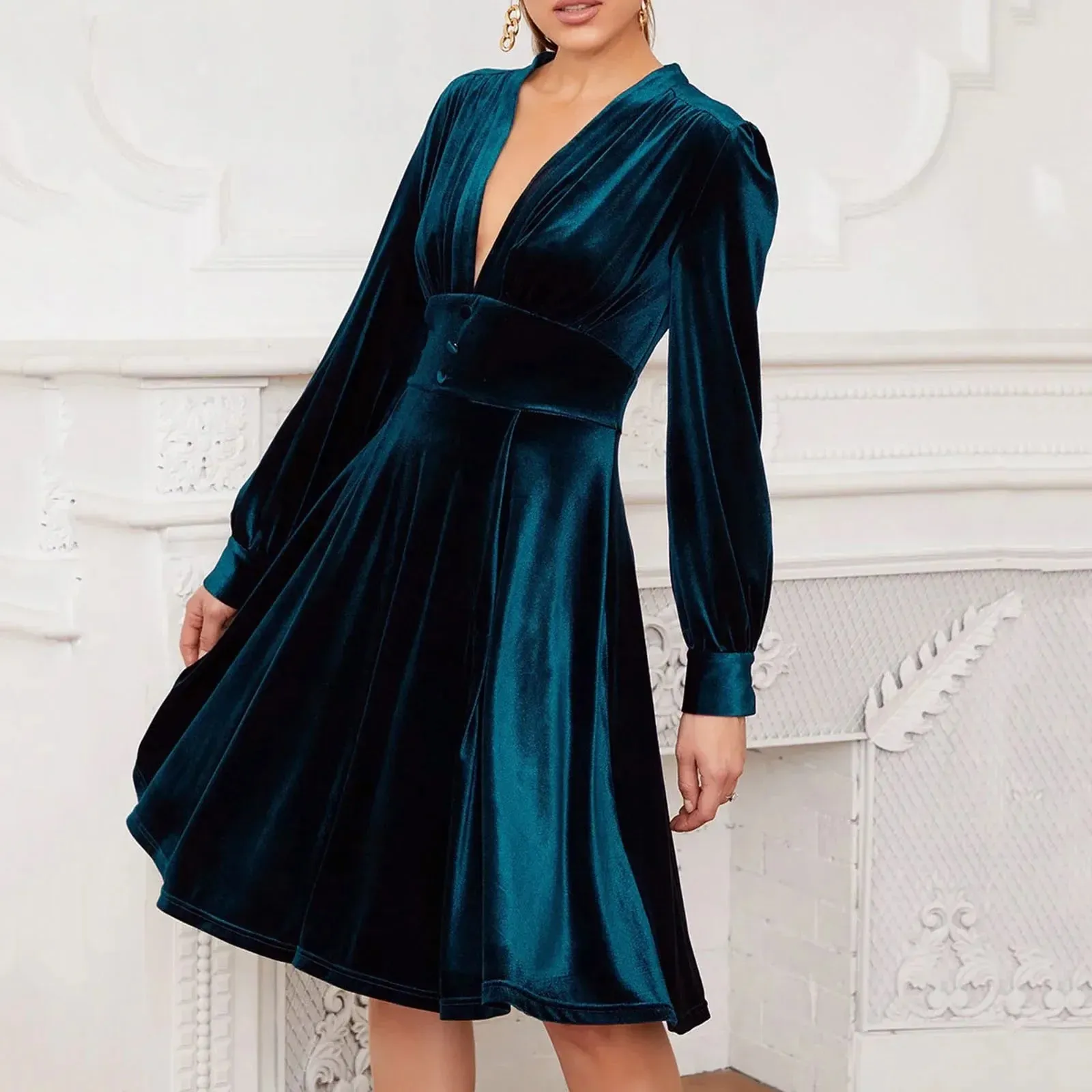 Green Velvet Banquet Vintage Temperament Christmas Evening Party Glamorous Women's Midi Elegant Dress