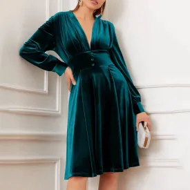 Green Velvet Banquet Vintage Temperament Christmas Evening Party Glamorous Women's Midi Elegant Dress