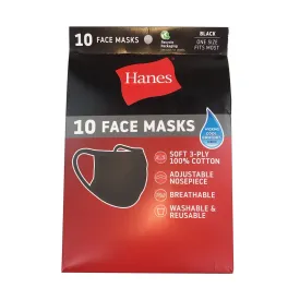 Hanes Black Cotton Face Mask 10 Pieces Pack ($1 per Piece)