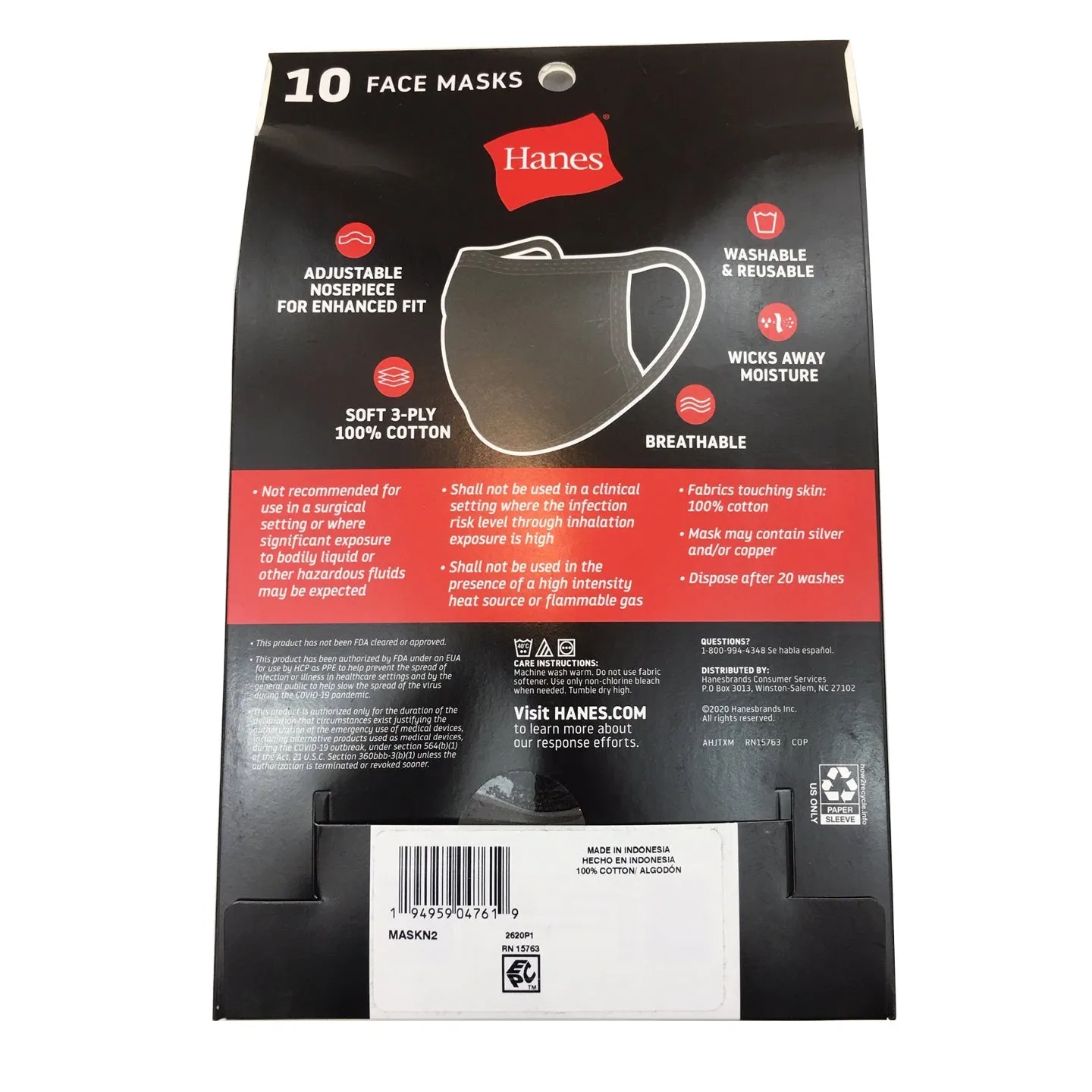 Hanes Black Cotton Face Mask 10 Pieces Pack ($1 per Piece)