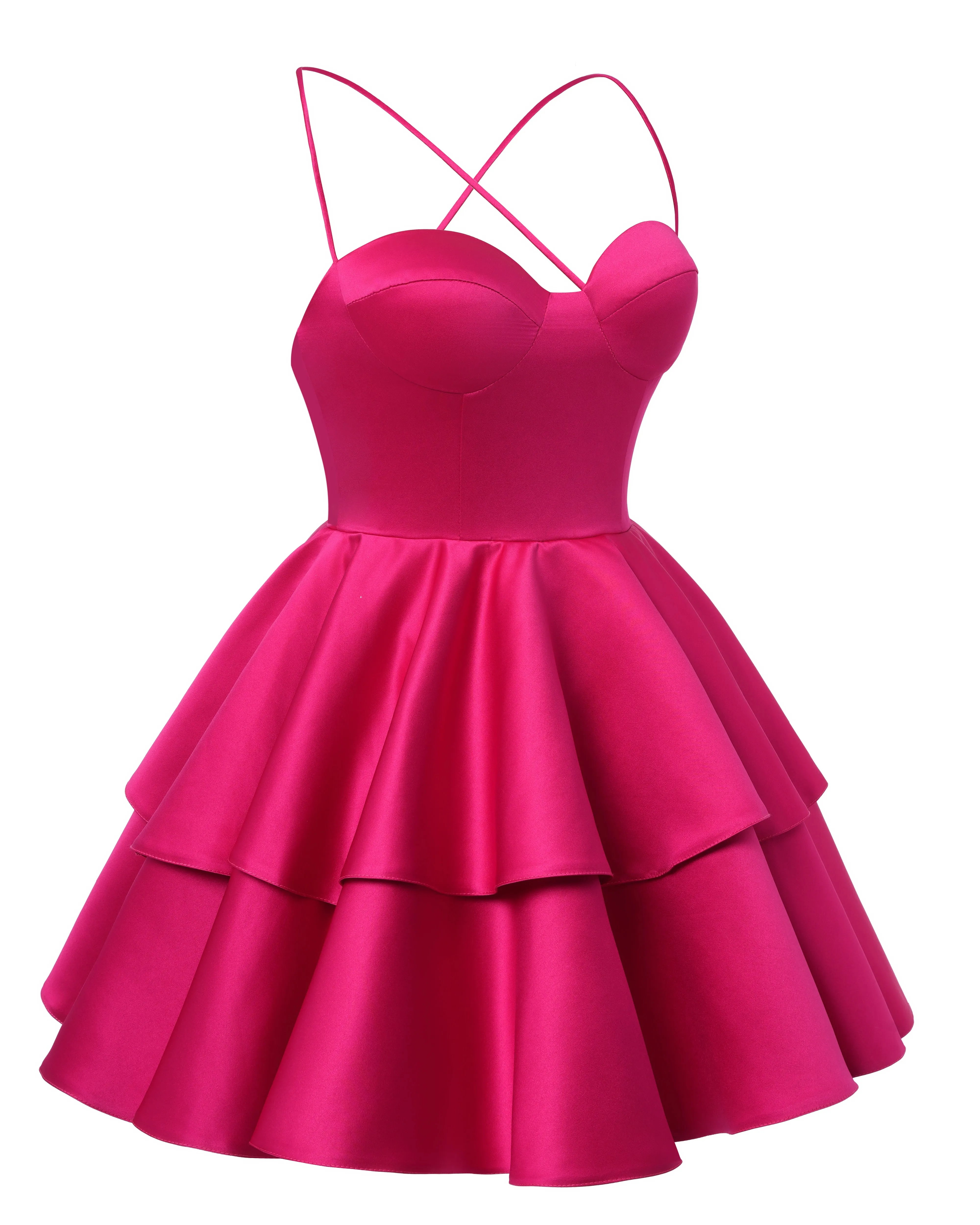 Hot Pink Satin Homecoming Dress Sweetheart Neck Tiered Short Graduation Dresses