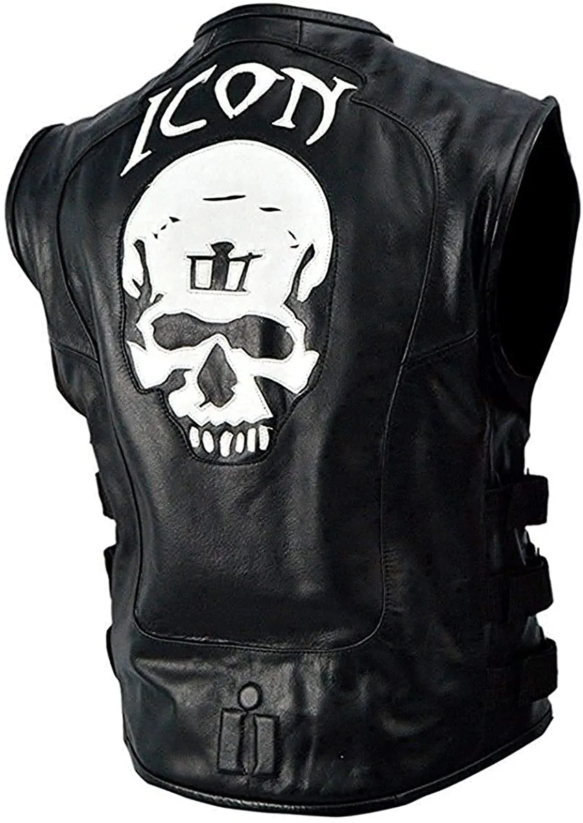 Icon Skull Motorcycle Black Leather Vest