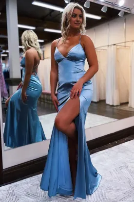 kamahe Sheath Spaghetti Straps Blue Long Prom Dress with Silt Evening Party Dresses Gowns