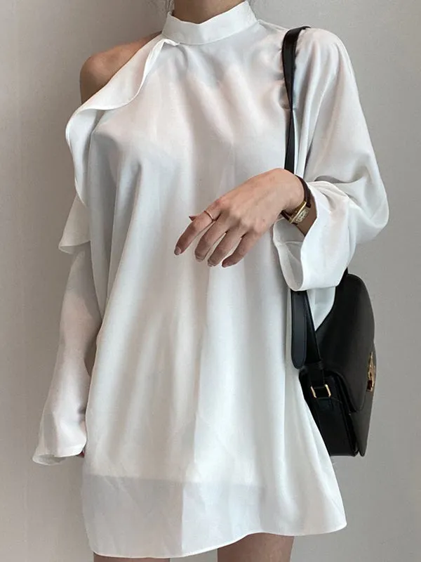 Long Sleeves Loose Asymmetric Hollow Ruffled Solid Color Tied Waist Mock Neck Blouses&Shirts Tops