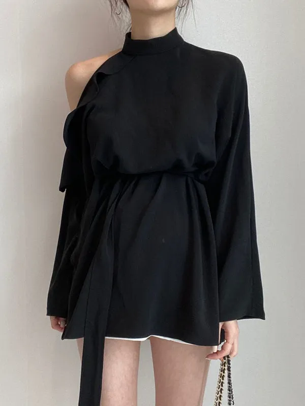 Long Sleeves Loose Asymmetric Hollow Ruffled Solid Color Tied Waist Mock Neck Blouses&Shirts Tops