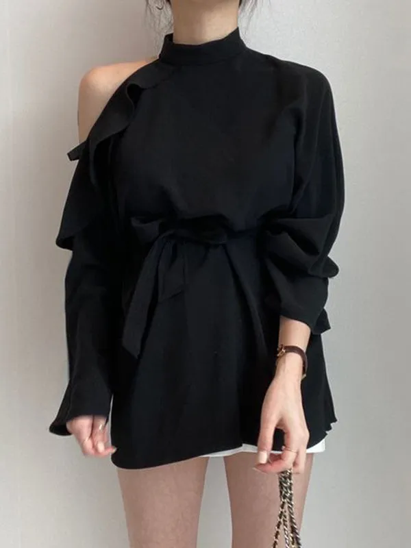 Long Sleeves Loose Asymmetric Hollow Ruffled Solid Color Tied Waist Mock Neck Blouses&Shirts Tops