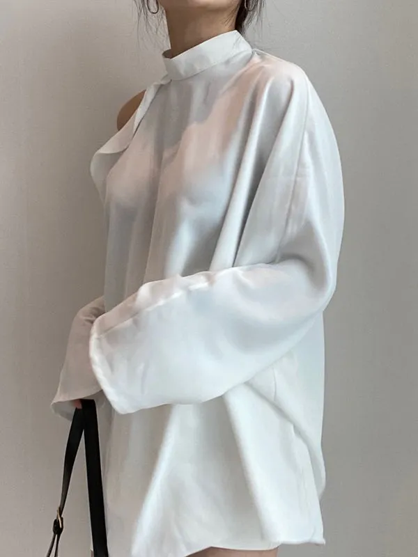 Long Sleeves Loose Asymmetric Hollow Ruffled Solid Color Tied Waist Mock Neck Blouses&Shirts Tops