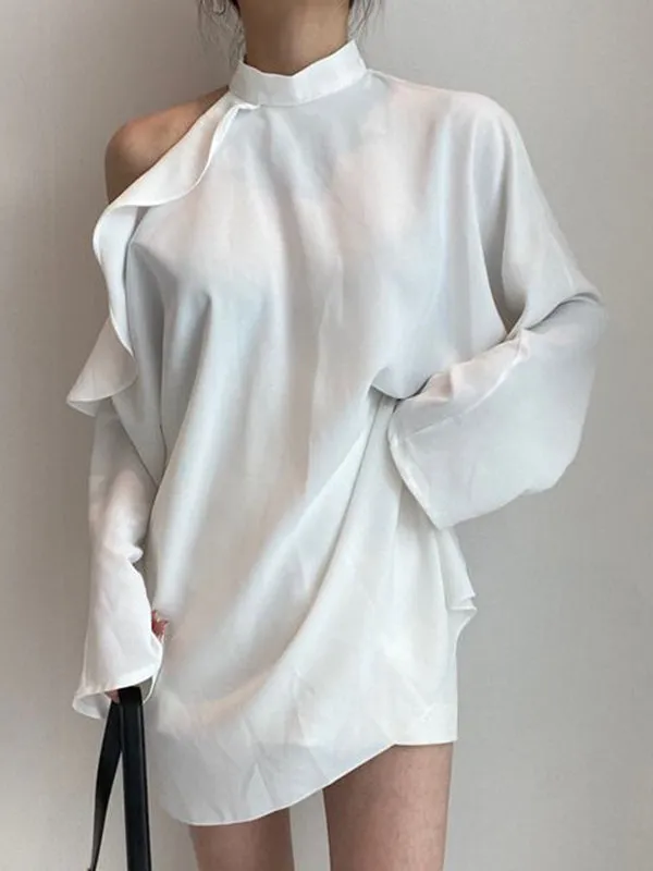 Long Sleeves Loose Asymmetric Hollow Ruffled Solid Color Tied Waist Mock Neck Blouses&Shirts Tops