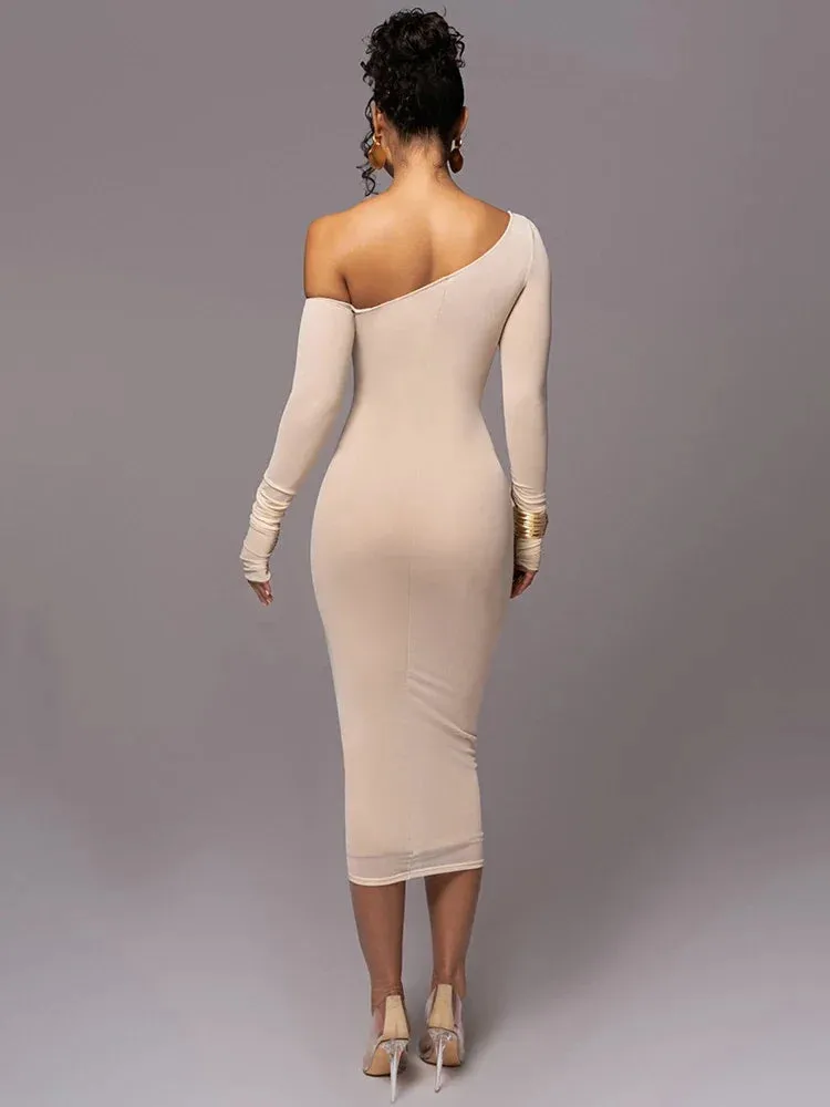 Mesh Backless Ruched Bodycon Long Midi Dress with Diagonal Collar