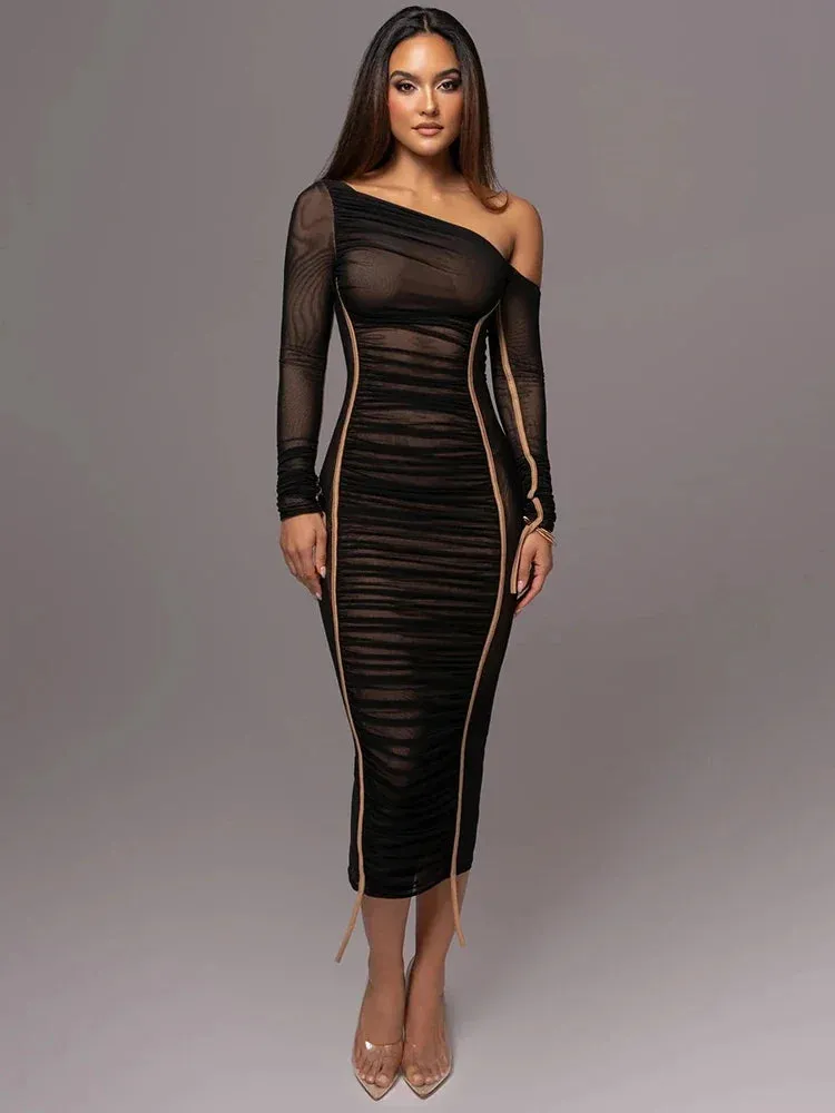 Mesh Backless Ruched Bodycon Long Midi Dress with Diagonal Collar