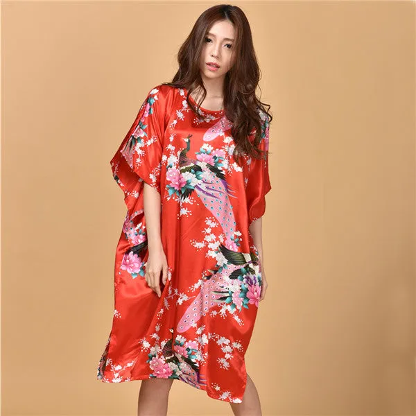 Novelty Print Black Female Satin Robe Dress Nightgown Novelty Women's Kaftan Bath Gown Summer Lounge Homewear Plus Size 6XL