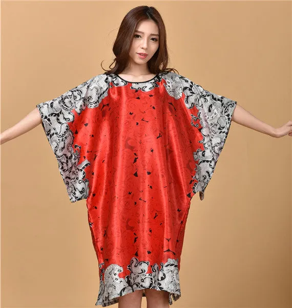 Novelty Print Black Female Satin Robe Dress Nightgown Novelty Women's Kaftan Bath Gown Summer Lounge Homewear Plus Size 6XL