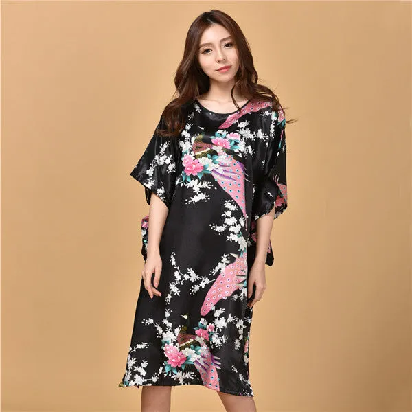 Novelty Print Black Female Satin Robe Dress Nightgown Novelty Women's Kaftan Bath Gown Summer Lounge Homewear Plus Size 6XL