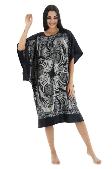 Novelty Print Black Female Satin Robe Dress Nightgown Novelty Women's Kaftan Bath Gown Summer Lounge Homewear Plus Size 6XL