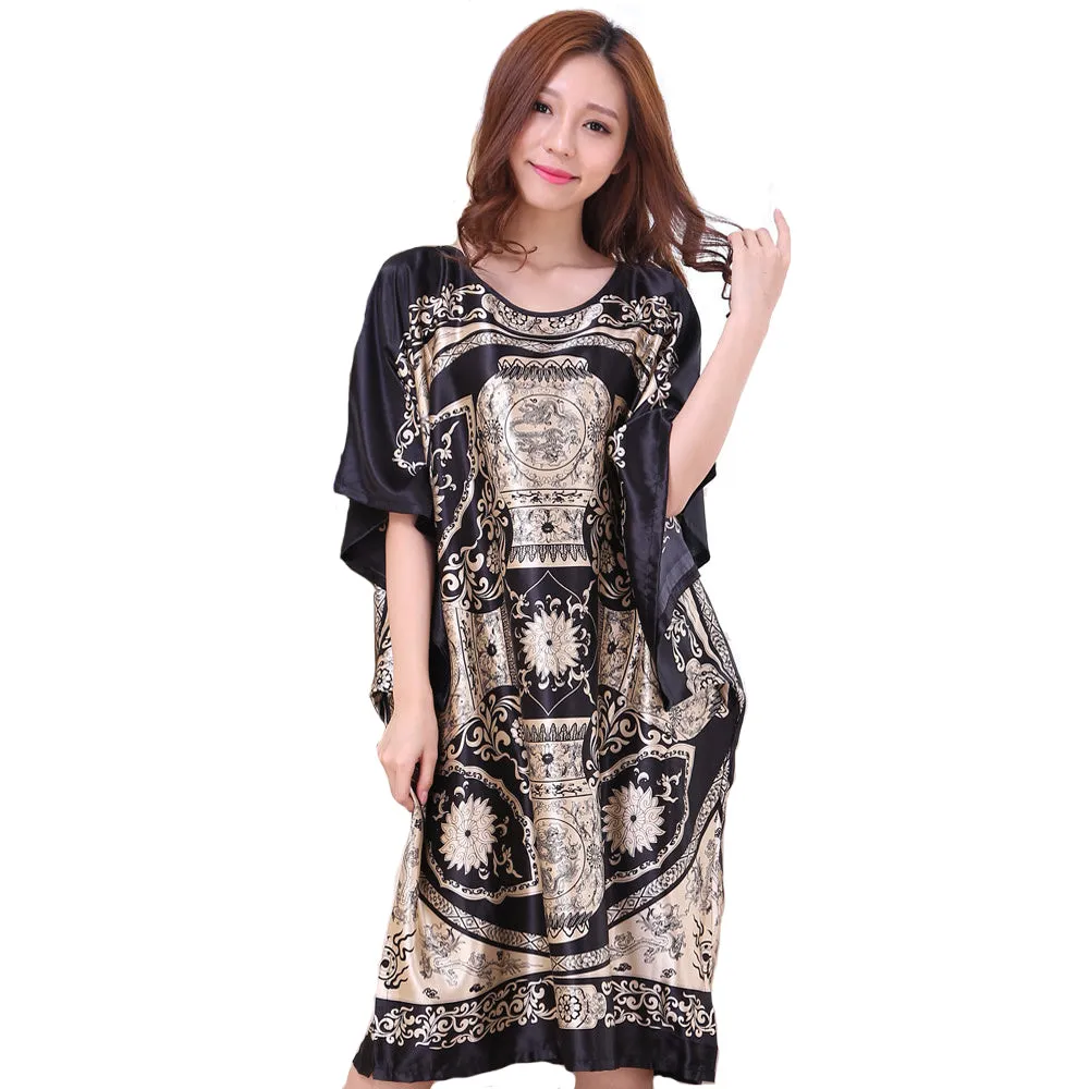 Novelty Print Black Female Satin Robe Dress Nightgown Novelty Women's Kaftan Bath Gown Summer Lounge Homewear Plus Size 6XL