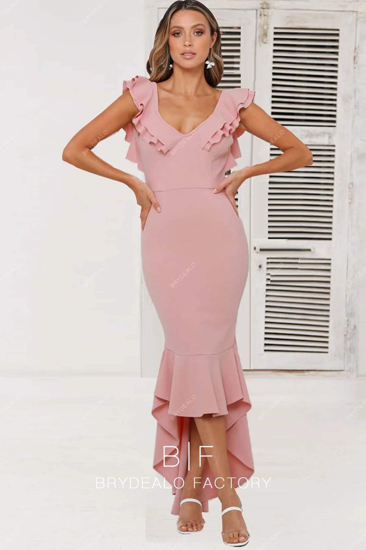 Nude Pink V-neck Chic Ruffled High-low Dress