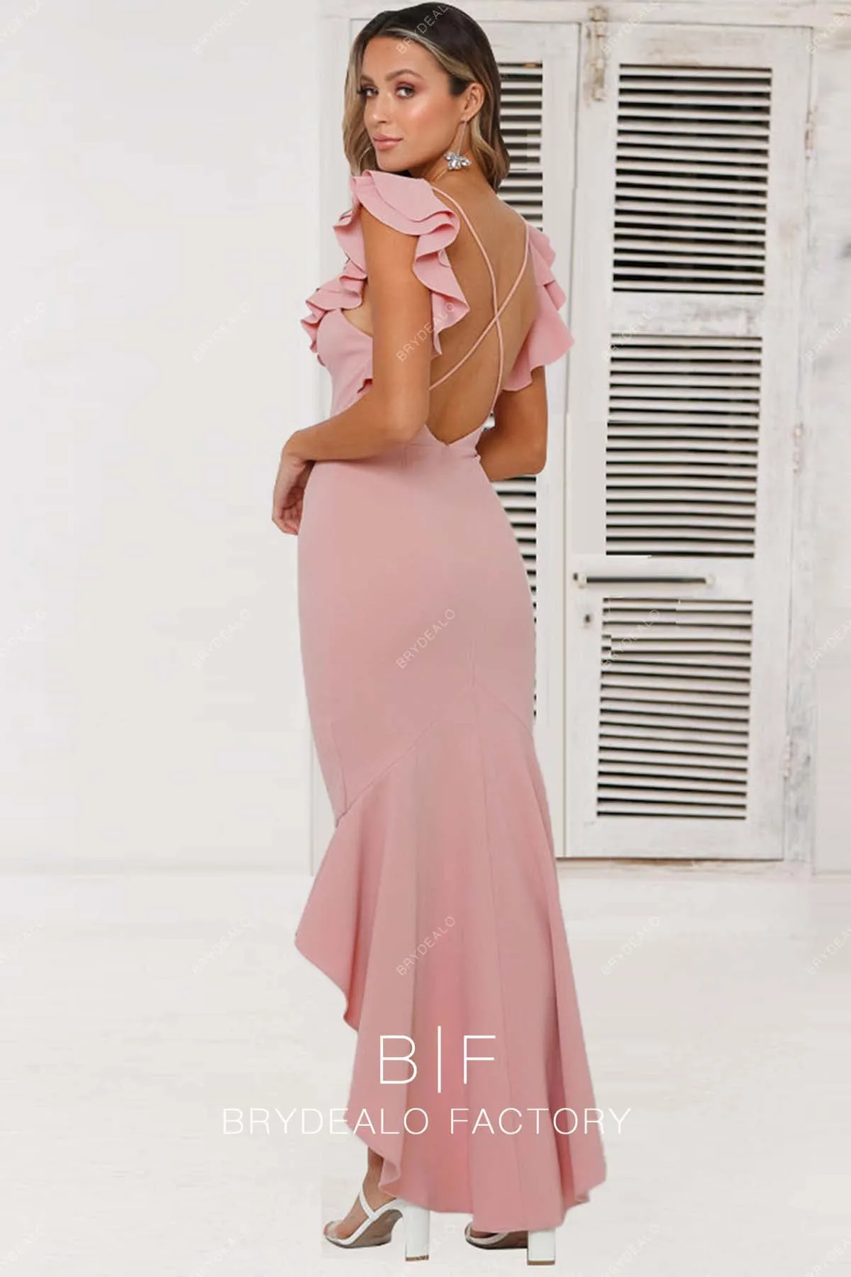 Nude Pink V-neck Chic Ruffled High-low Dress