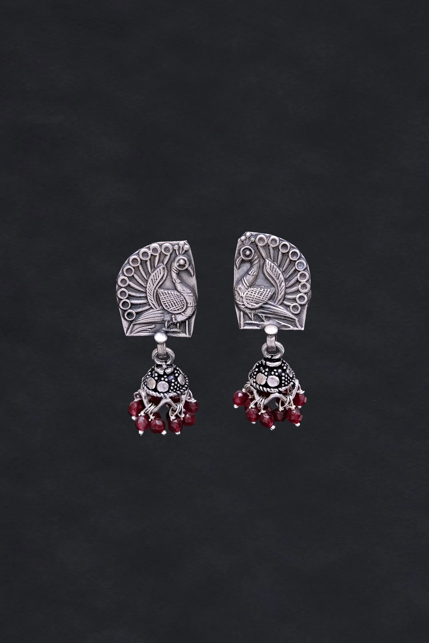 Peacock Motif Red Ghungroo Jhumkis
