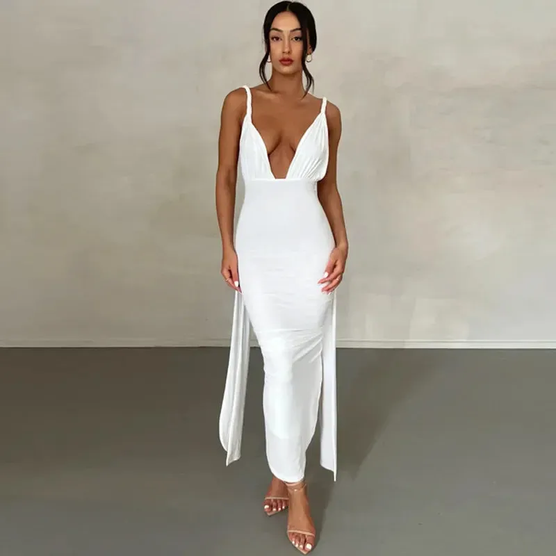 Plunge Deep V Neck Summer Club Party Sleeveless Ruched Slit Midi Dress