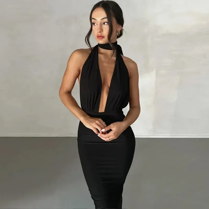 Plunge Deep V Neck Summer Club Party Sleeveless Ruched Slit Midi Dress