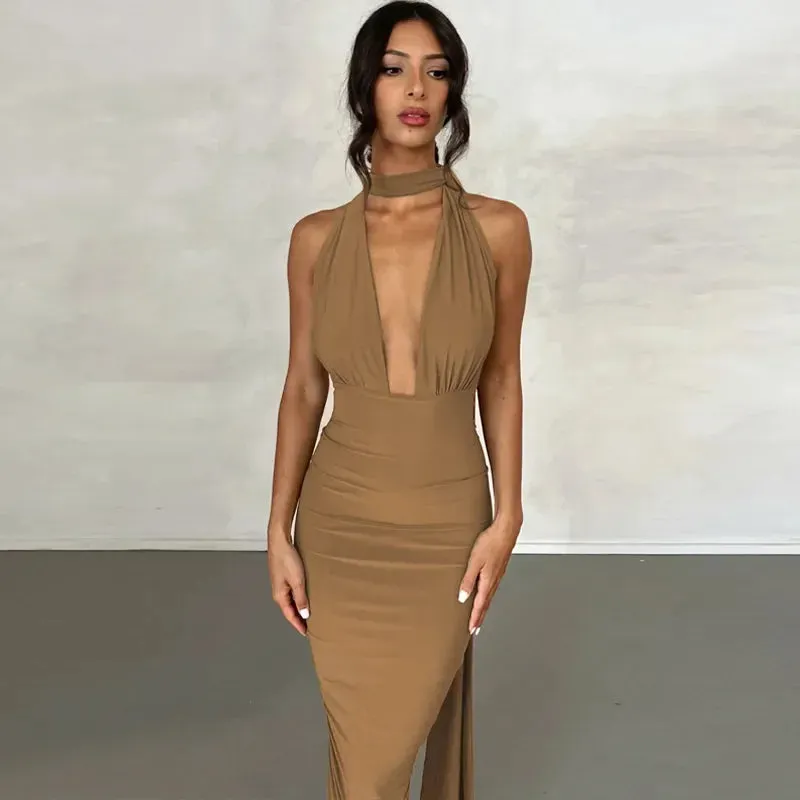 Plunge Deep V Neck Summer Club Party Sleeveless Ruched Slit Midi Dress