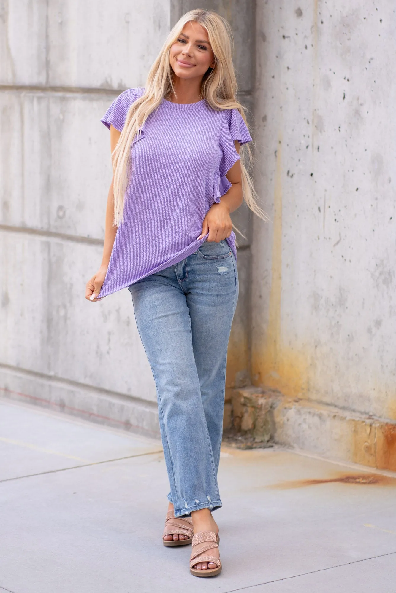 Ruffled Sleeve Ribbed Top Regular & Plus Sizes