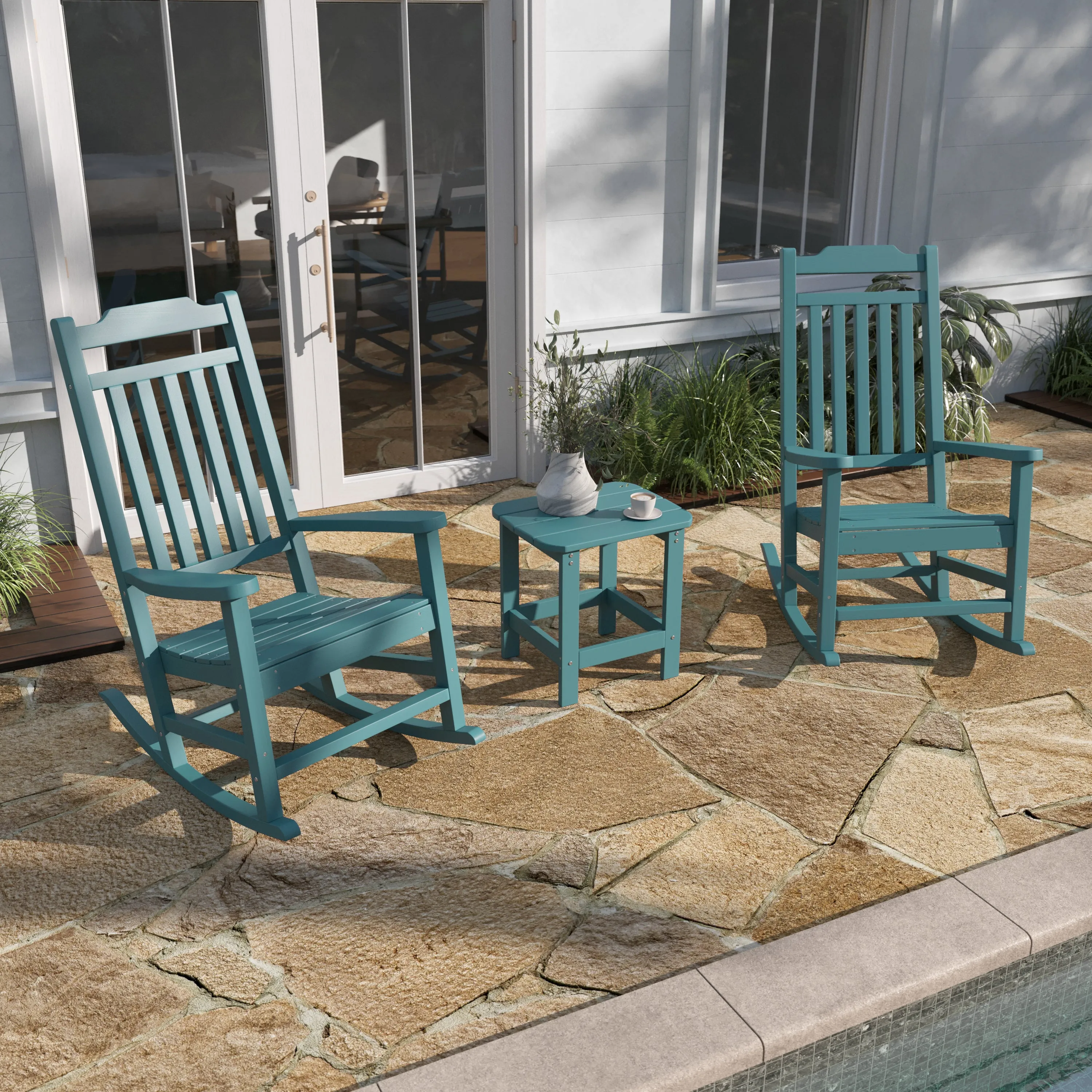 Set of 2 Winston All-Weather Poly Resin Rocking Chairs with Accent Side Table