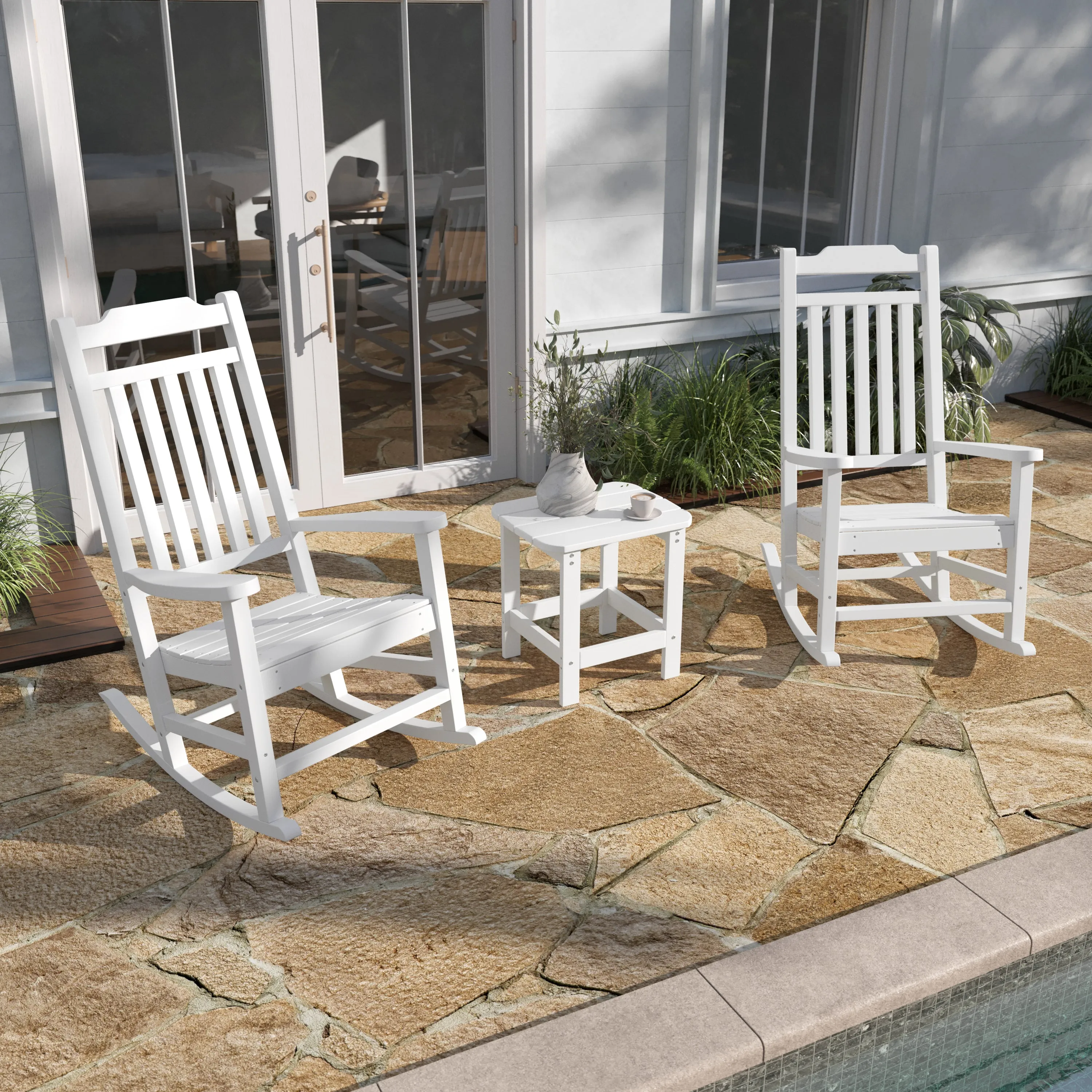 Set of 2 Winston All-Weather Poly Resin Rocking Chairs with Accent Side Table