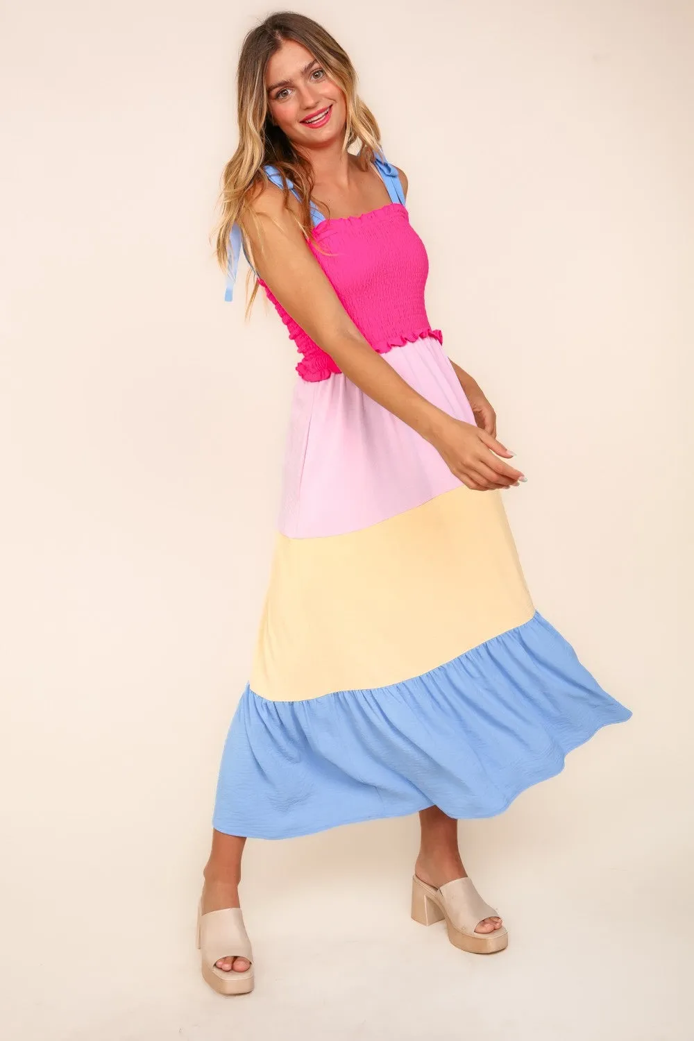 Smocked Color Block Tiered Cami Dress