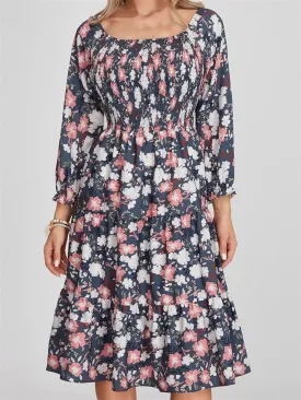 Vintage Bohemian Floral Print Long Sleeve High Waist A-Line Midi Dress