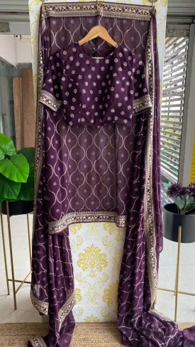 Wine georgette saree with embroidery worked Blouse