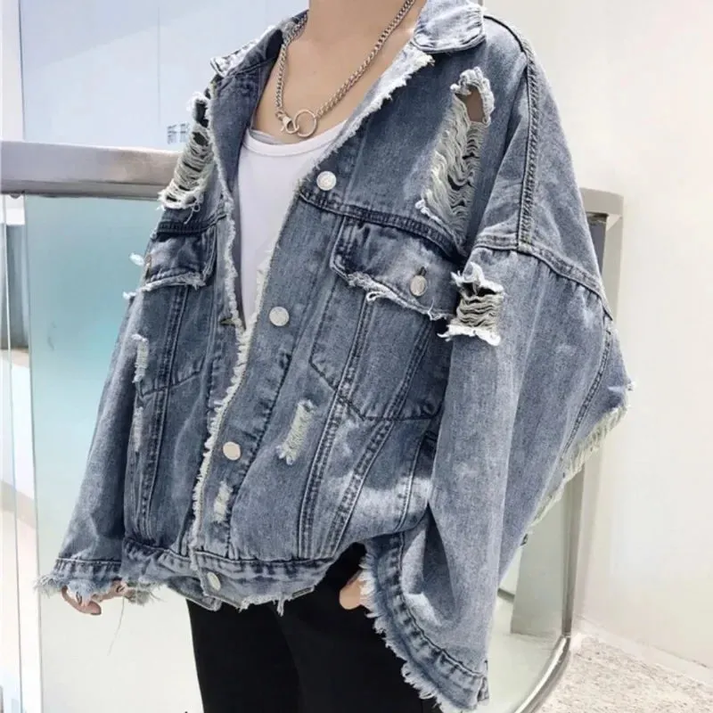 Wjczt Men  Winter Outfits Fashion Blue Ripped Denim Jacket Y2K Distressed Streetwear Hip Hop Broken Hole Jeans Biker Jackets Men's Spring Jackets