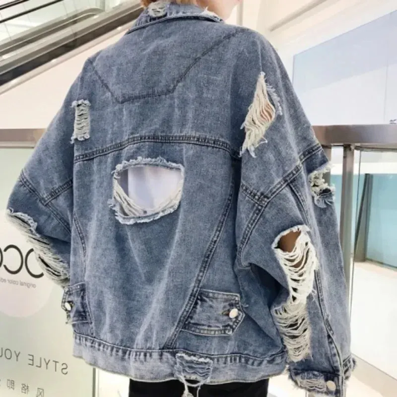 Wjczt Men  Winter Outfits Fashion Blue Ripped Denim Jacket Y2K Distressed Streetwear Hip Hop Broken Hole Jeans Biker Jackets Men's Spring Jackets