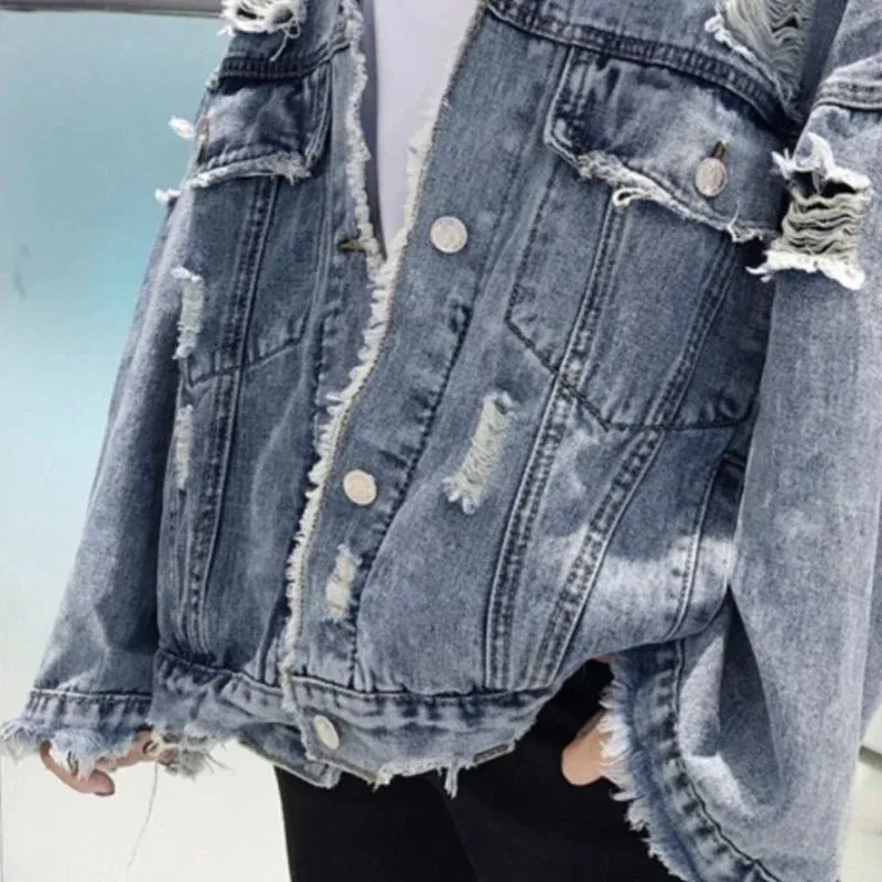 Wjczt Men  Winter Outfits Fashion Blue Ripped Denim Jacket Y2K Distressed Streetwear Hip Hop Broken Hole Jeans Biker Jackets Men's Spring Jackets