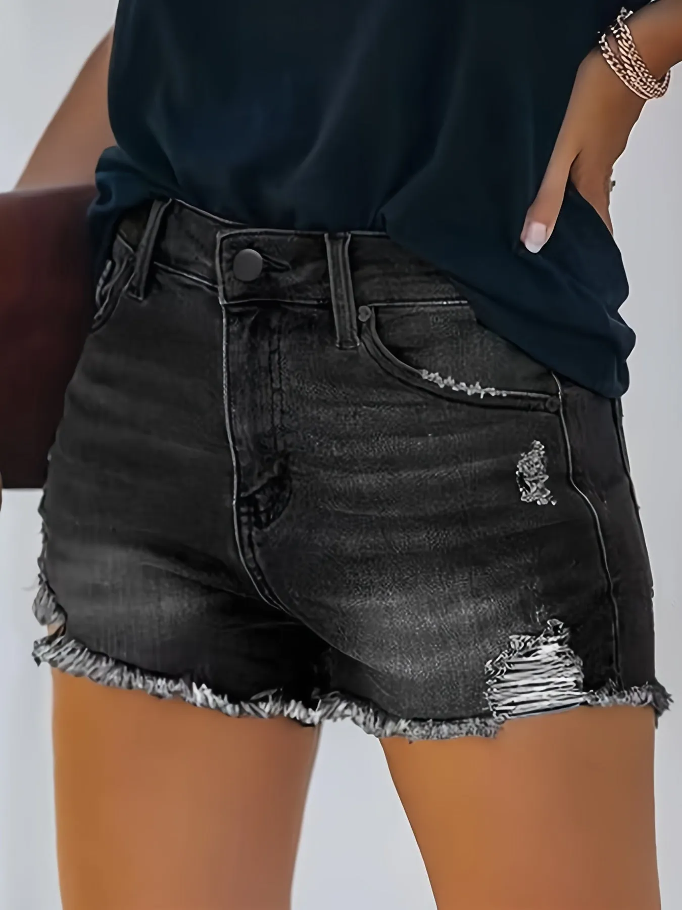 Womens Fashionable Ripped Denim Shorts - Trendy Raw Hem, Distressed Style, Stretchy Slash Pockets - Premium Jeans Shorts, Stylish Closet Staple