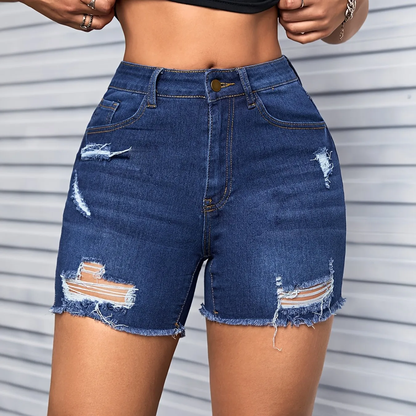 Womens Ultra-Stylish High-Stretch Denim Shorts - Slim Fit, Ripped & Raw Hem Design, Trendy Casual Pants for Flexible Comfort