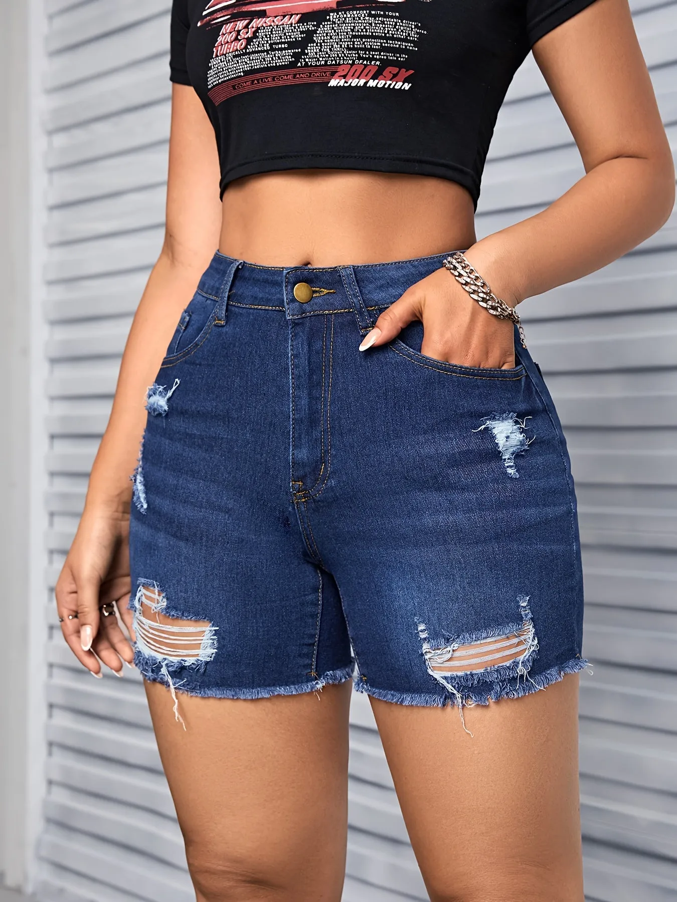 Womens Ultra-Stylish High-Stretch Denim Shorts - Slim Fit, Ripped & Raw Hem Design, Trendy Casual Pants for Flexible Comfort