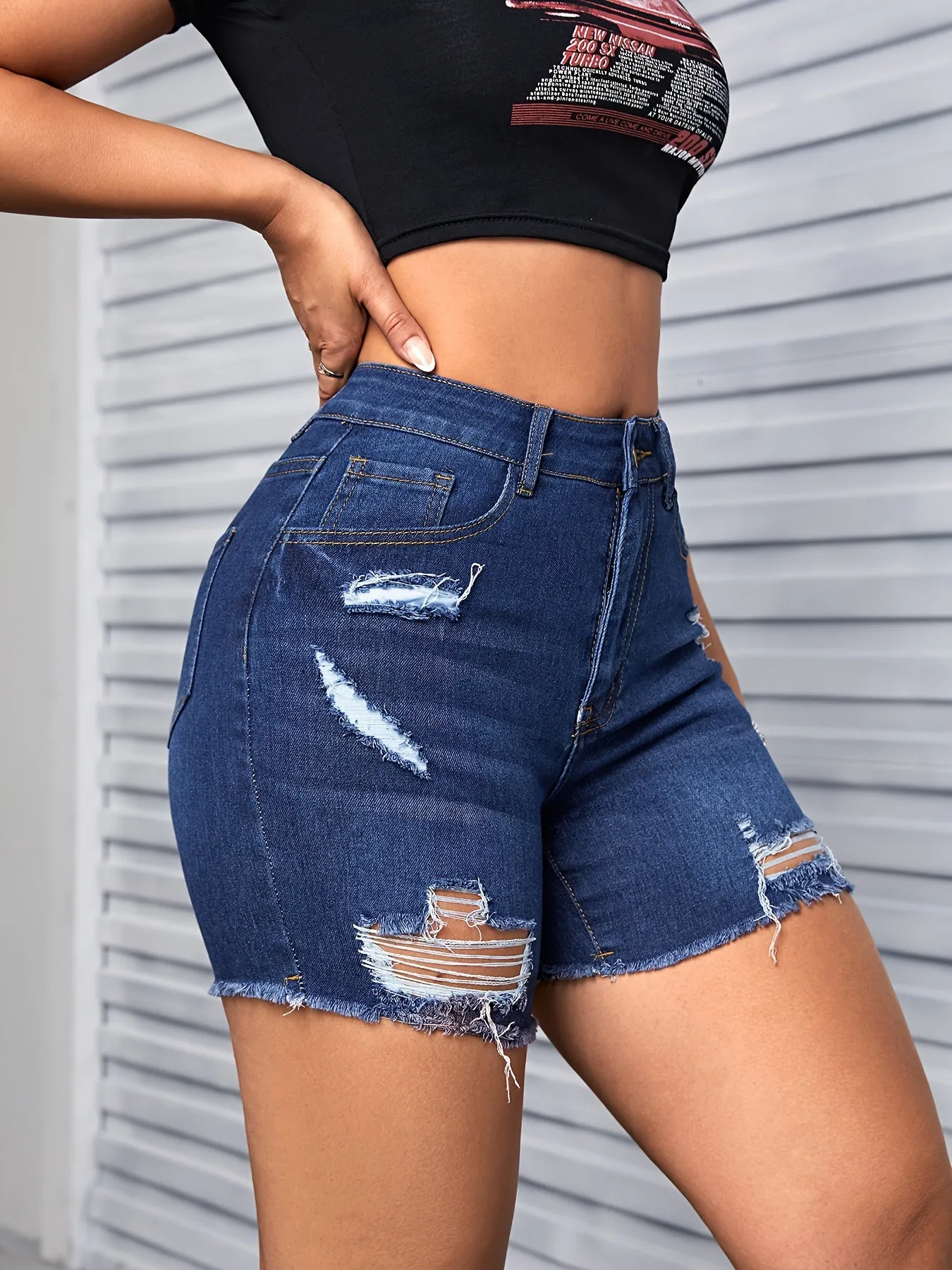 Womens Ultra-Stylish High-Stretch Denim Shorts - Slim Fit, Ripped & Raw Hem Design, Trendy Casual Pants for Flexible Comfort