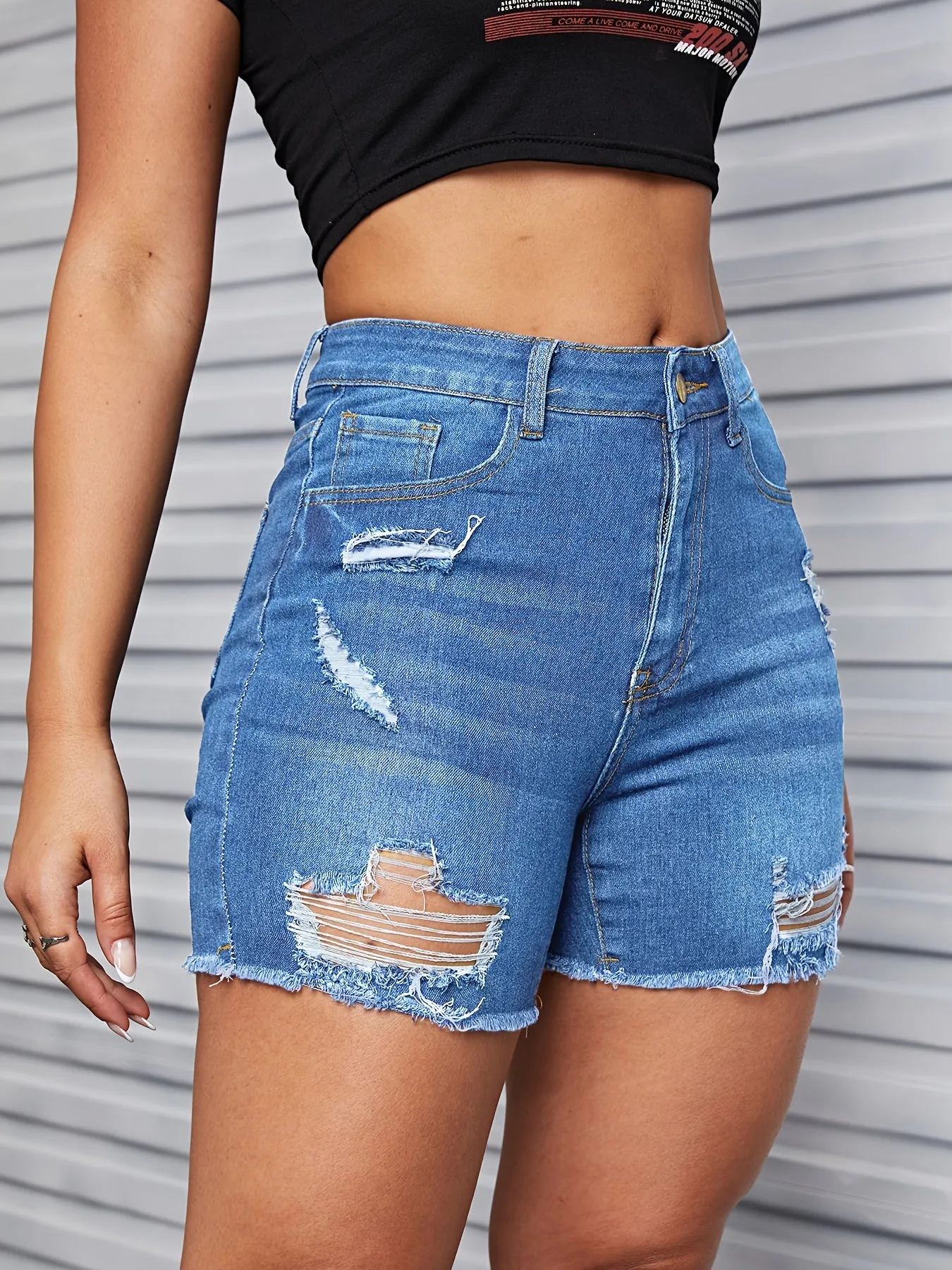 Womens Ultra-Stylish High-Stretch Denim Shorts - Slim Fit, Ripped & Raw Hem Design, Trendy Casual Pants for Flexible Comfort